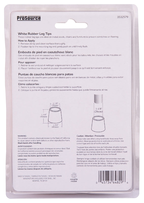 ProSource FE-50646-PS Furniture Leg Tip, Round, Rubber, White, 1-1/8 in Dia, 1-5/8 in H