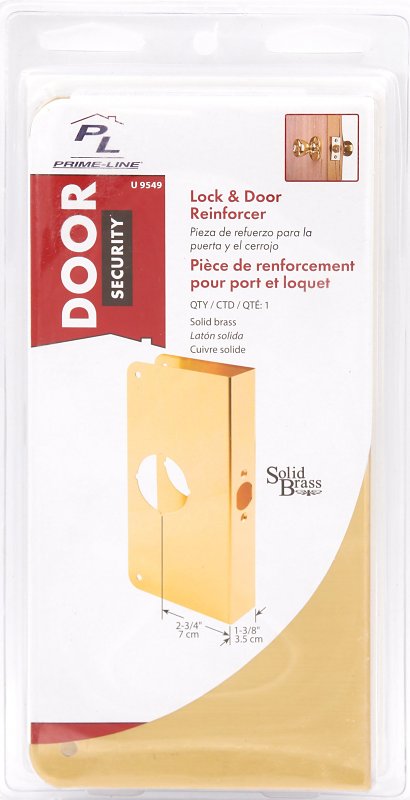 Prime-Line U 9549 Lock and Door Reinforcer, 2-3/4 in Backset, 1-3/8 in Thick Door, Brass, Bright Brass, 9 in H