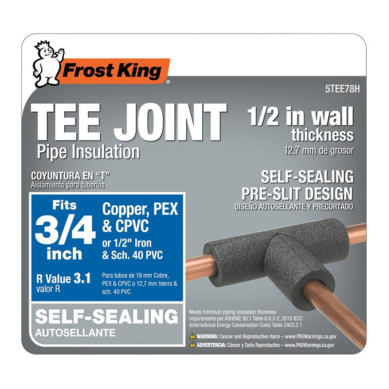 Frost King 5TEE78H Tee Pipe Insulation, 3/4 in Dia, Polyethylene Foam, 1/2, 3/4 in Pipe