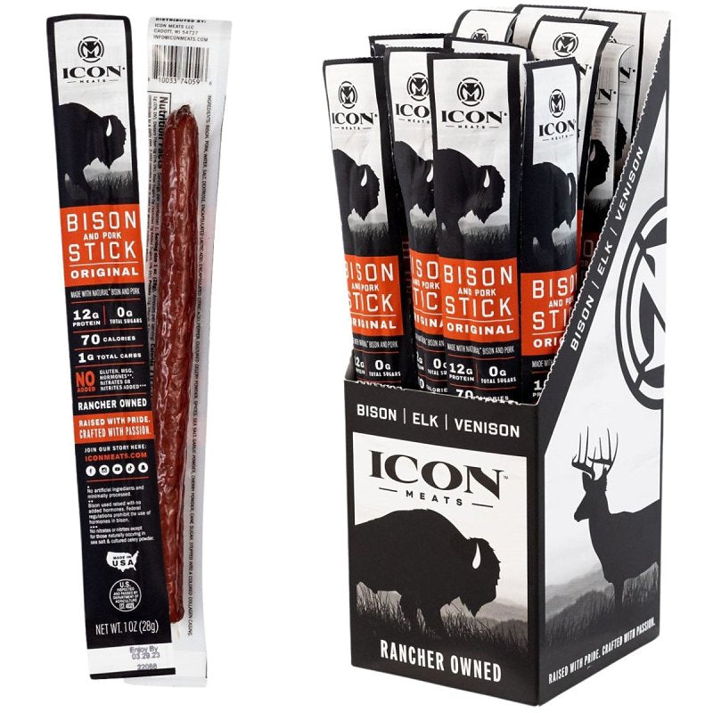Icon Meats 74059 Bison Snack, Stick, Original, 1 oz Box, Pack of 24