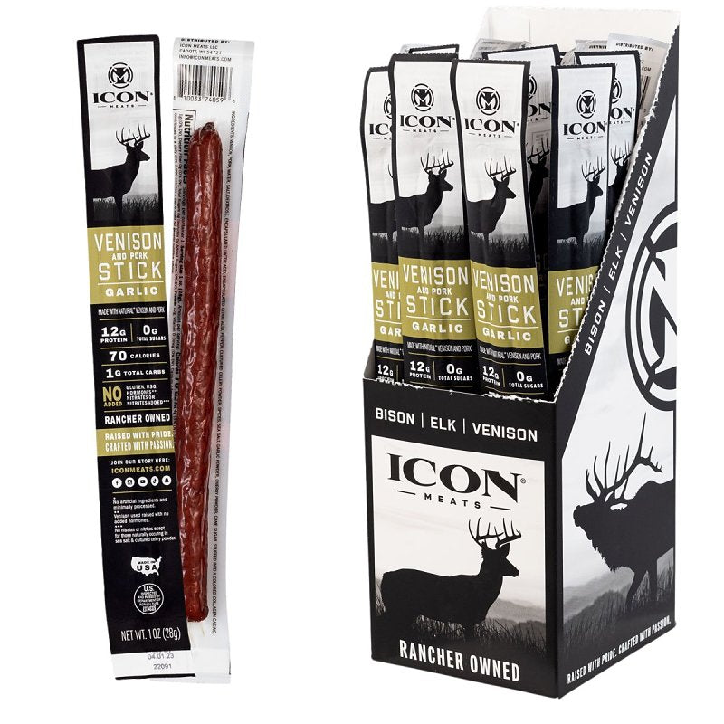 Icon Meats 8-10033-74126-5 Venison Snack, Stick, Garlic, 1 oz, Pack of 24