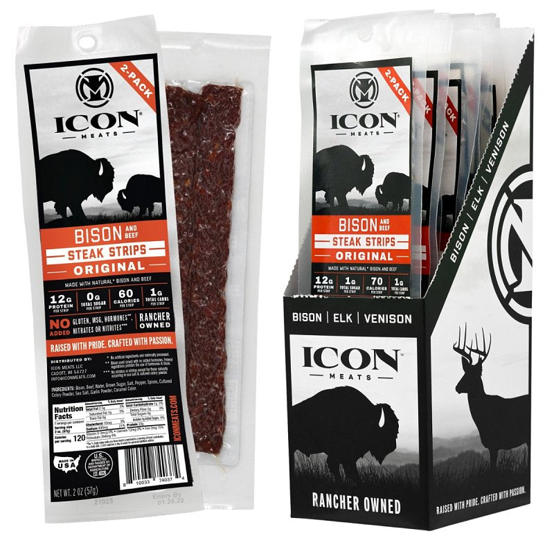 Icon Meats 8-10033-74037-4 Bison Jerky Steak, Strip, Original, 2 oz, Pack of 8