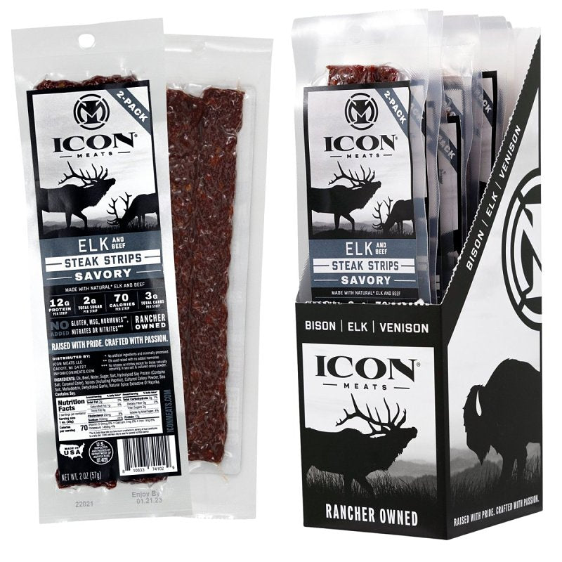 Icon Meats 8-10033-74102-9 Elk Jerky Steak, Strip, Savory, 2 oz, Pack of 8