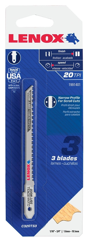 Lenox 1991401 Jig Saw Blade, 7/32 in W, 20 TPI, 3/PK