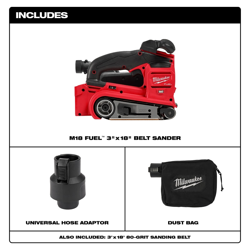 Milwaukee 2832-20 Belt Sander, Tool Only, 18 V, 3 x 18 in Belt, 700 to 1350 sfpm Speed, Lithium-Ion Battery