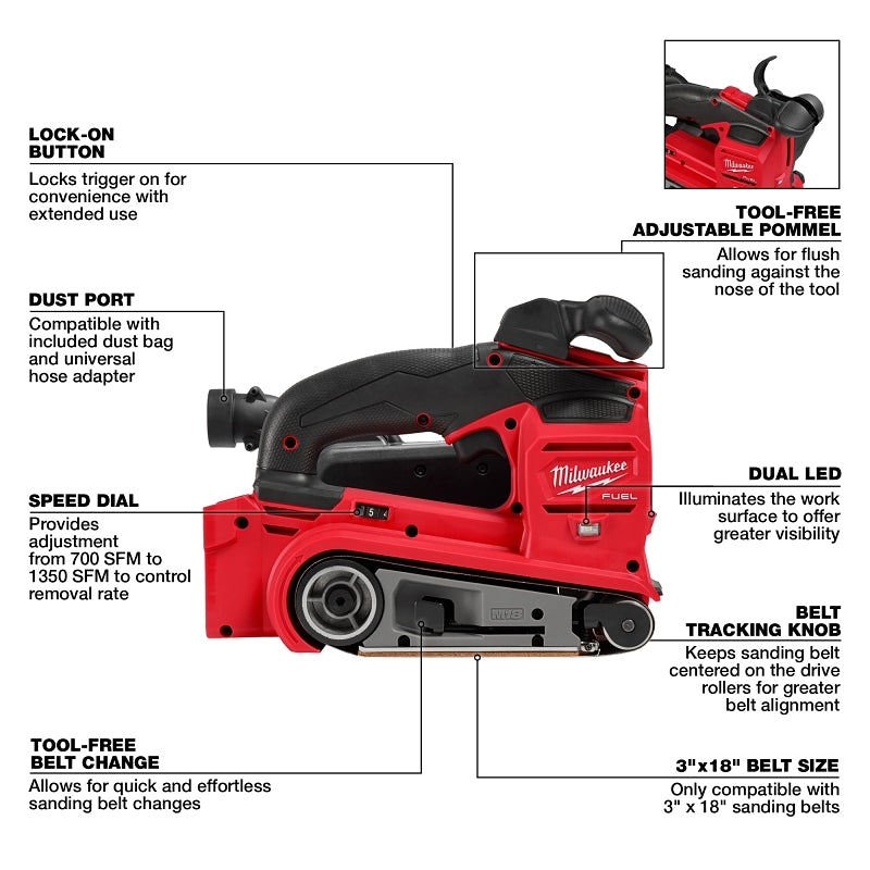 Milwaukee 2832-20 Belt Sander, Tool Only, 18 V, 3 x 18 in Belt, 700 to 1350 sfpm Speed, Lithium-Ion Battery