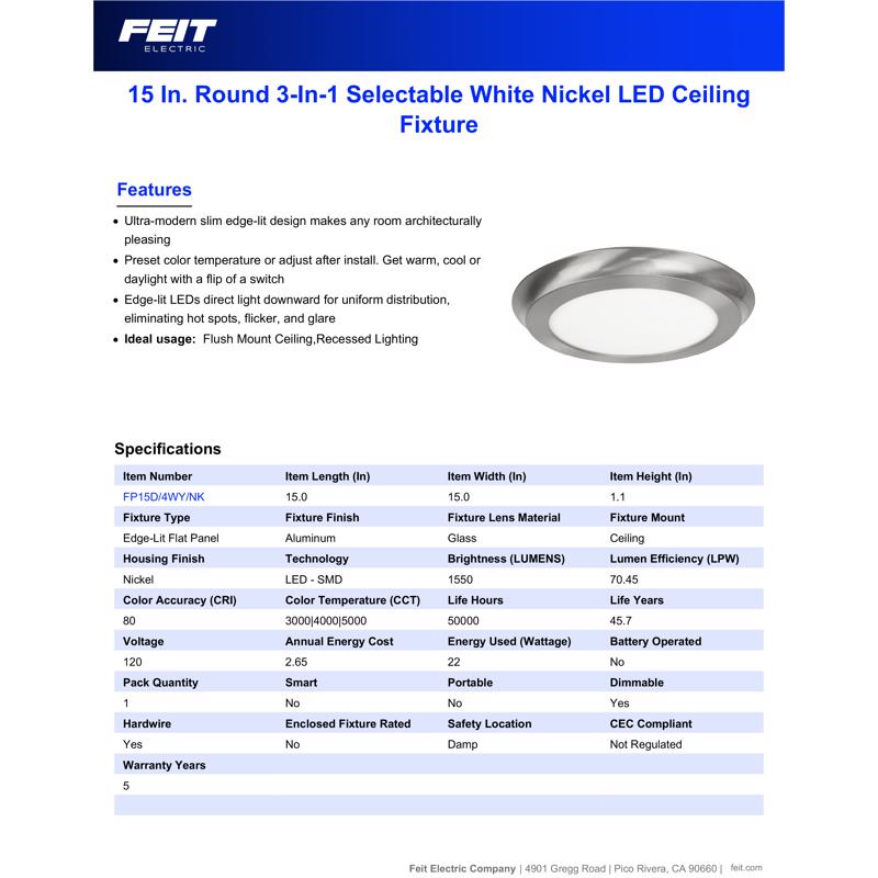 Feit EDGELIT 1.1 in. H X 15 in. W X 15 in. L Nickel White LED Flat Panel Light Fixture