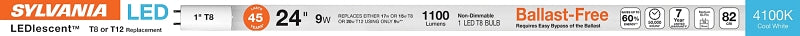 Sylvania 40486 LED Bulb, Linear, 9 W, T8 Lamp, Frosted, 4100 K Color Temp, Pack of 6