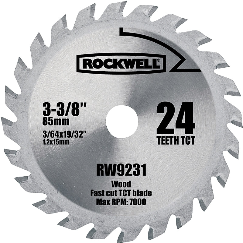 Rockwell RW9231 Circular Saw Blade, 3-3/8 in Dia, 19/32 in Arbor, 24-Teeth, Carbide Cutting Edge