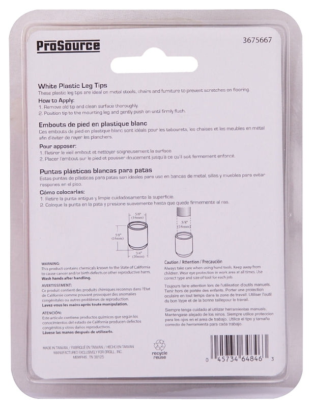 ProSource FE-50612-PS Furniture Leg Tip, Round, Plastic, White, 5/8 in Dia, 5/8 in H