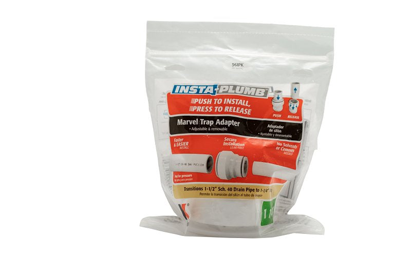 Insta-Plumb 96IPK Trap Pipe Adapter, 1-1/4 in, Push-To-Connect, Plastic, White