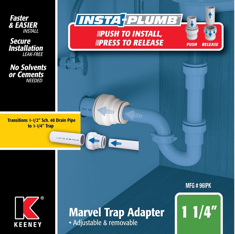 Insta-Plumb 96IPK Trap Pipe Adapter, 1-1/4 in, Push-To-Connect, Plastic, White