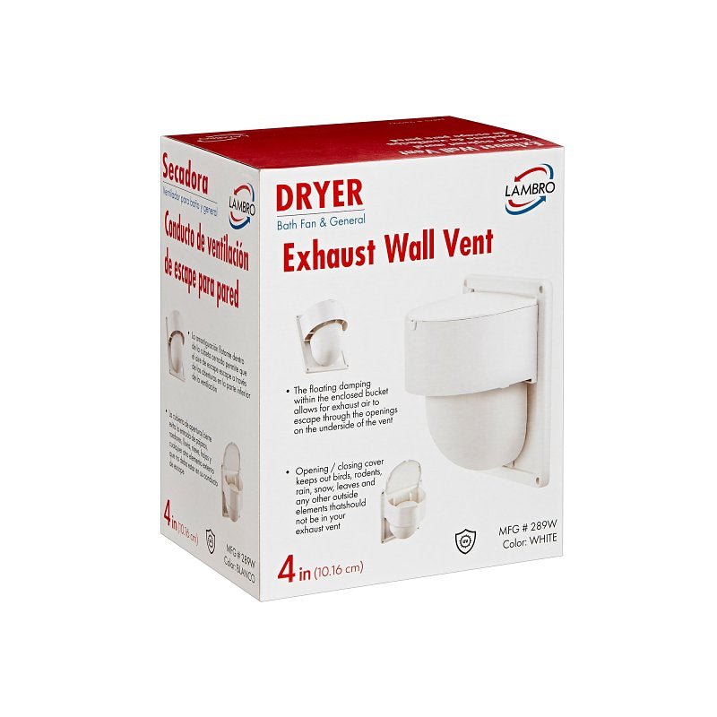 Lambro 289W Wall Exhaust Dryer Vent, ABS, White, For: Bathroom Fans and Cloth Dryers