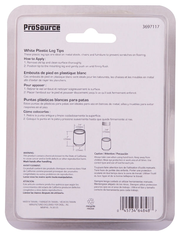 ProSource FE-50614-PS Furniture Leg Tip, Round, Plastic, White, 7/8 in Dia, 1 in H