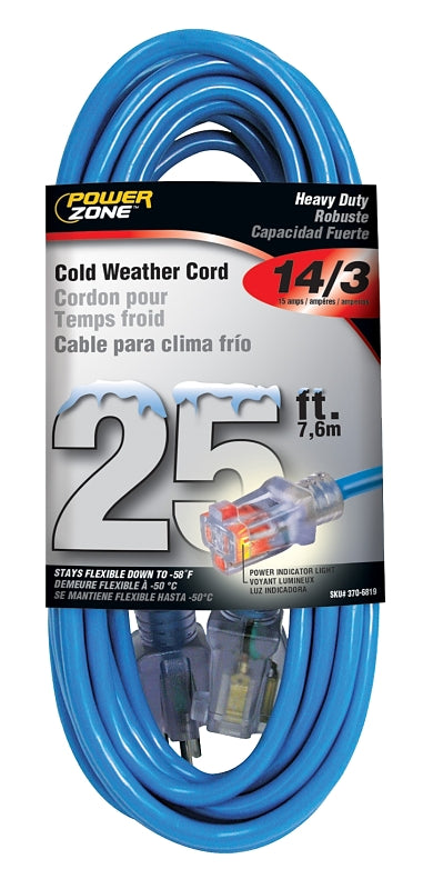PowerZone ORCW511725 Extension Cord, 14 AWG Cable, 5-15P Grounded Plug, 5-15R Grounded Receptacle, 25 ft L, 125 V, Blue