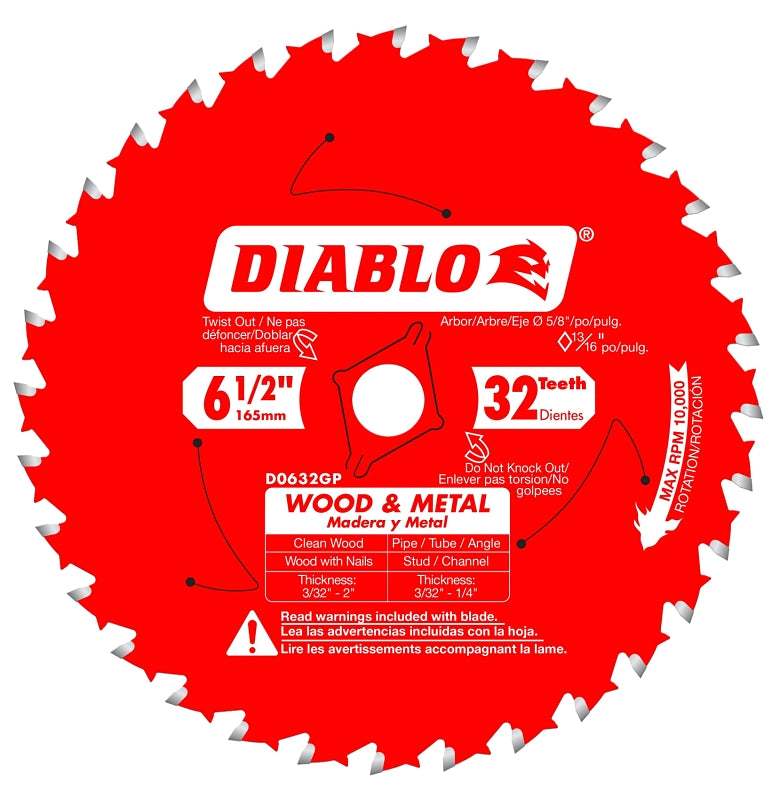 Diablo D0632GPA Circular Saw Blade, 6-1/2 in Dia, 5/8 in Arbor, 32-Teeth, TiCo Carbide Cutting Edge
