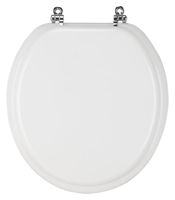 ProSource T-17WMC Toilet Seat, Round, MDF Molded Fiberboard, White, Chrome Plated Zinc Hinge Hinge