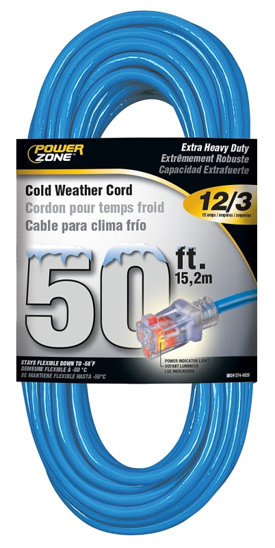 PowerZone ORCW511830 Extension Cord, 12 AWG Cable, 5-15P Grounded Plug, 5-15R Grounded Receptacle, 50 ft L, 125 V, Blue