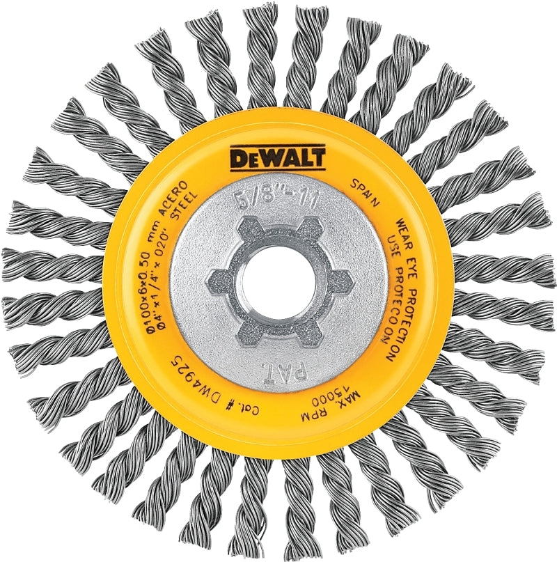 DEWALT HP DW4925 Wire Wheel Brush, 4 in Dia, 5/8-11 Arbor/Shank, Twisted Bristle, 0.02 in Dia Bristle