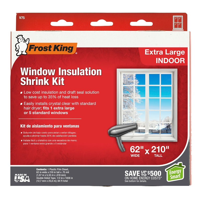 Frost King V75H Indoor Shrink Window Kit, 62 in W, 0.75 mil Thick, 210 in L, Plastic, Crystal Clear, 1/PK