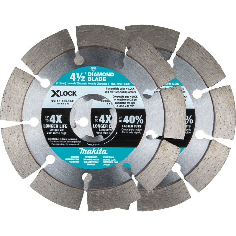 Makita X-LOCK E-07200 Series Blade, Diamond Blade, 4-1/2 in Dia, 7/8 in Arbor, Segmented Rim, 2/PK