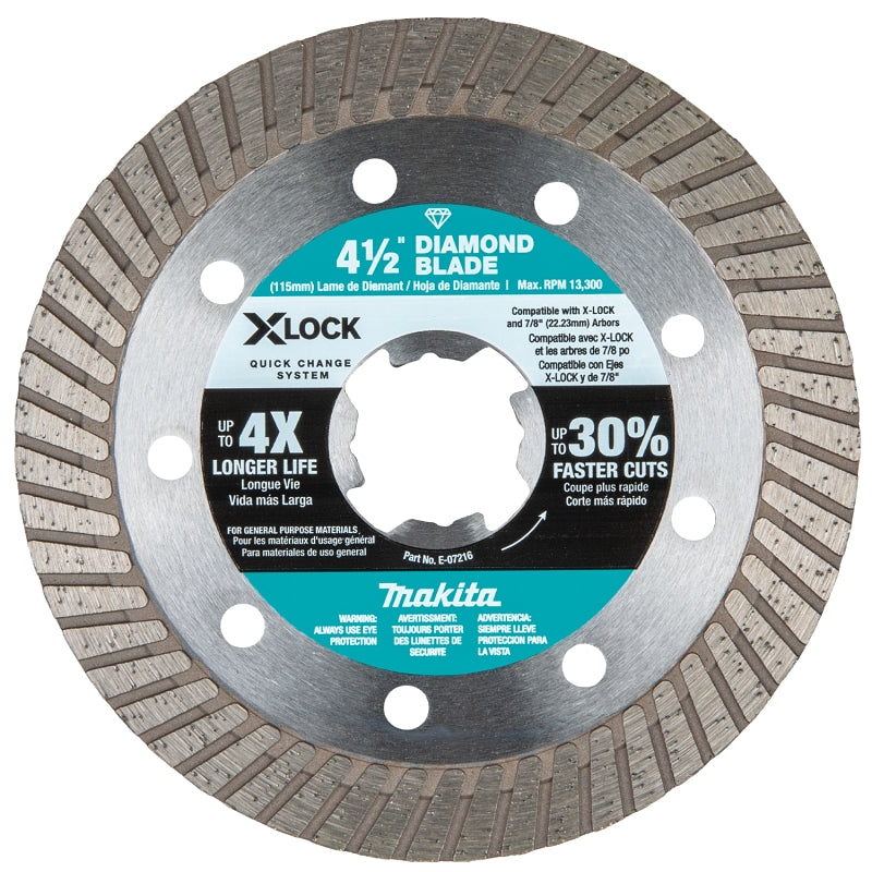 Makita X-LOCK E-07216 Series Blade, Diamond Blade, 4-1/2 in Dia, 7/8 in Arbor, Turbo Rim