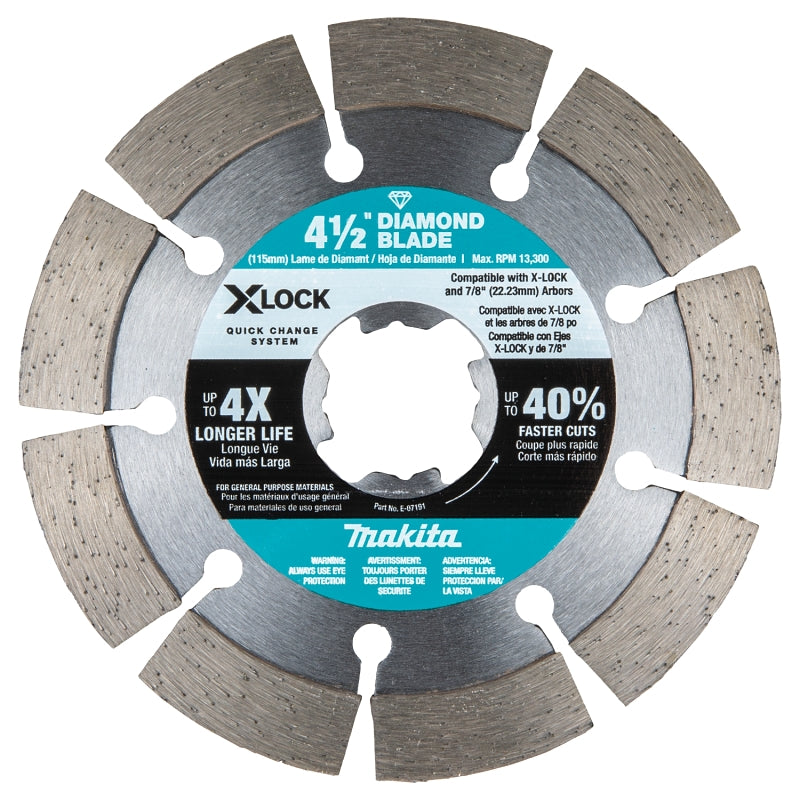 Makita X-LOCK E-07191 Series Blade, Diamond Blade, 4-1/2 in Dia, 7/8 in Arbor, Segmented Rim