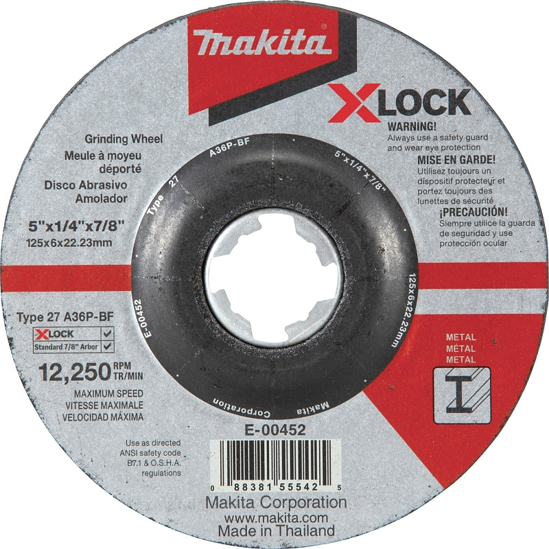 Makita X-LOCK E-00452 Grinding Wheel, 5 in Dia, 1/4 in Thick, 7/8 in Arbor, 36 Grit, Coarse, Aluminum Oxide Abrasive