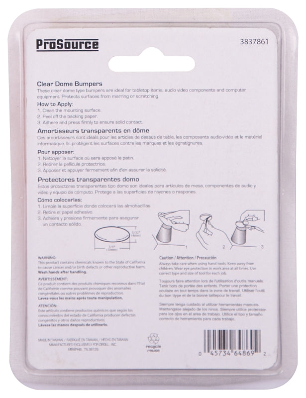 ProSource FE-S402-PS Furniture Bumper Pad, Polyurethane, Clear, 3/8 in Dia, 5/32 in Thick, Dome