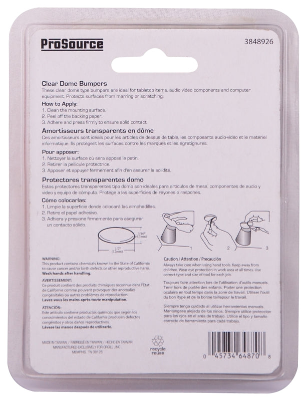 ProSource FE-50762A-PS Furniture Bumper Pad, 1/2 in, Dome, Polyurethane