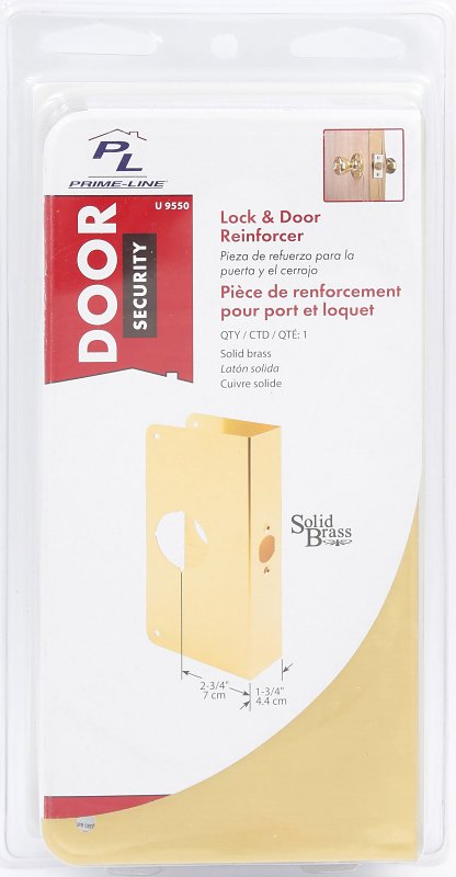 Prime-Line U 9550 Lock and Door Reinforcer, 2-3/4 in Backset, 1-3/4 in Thick Door, Brass, Bright Brass, 9 in H