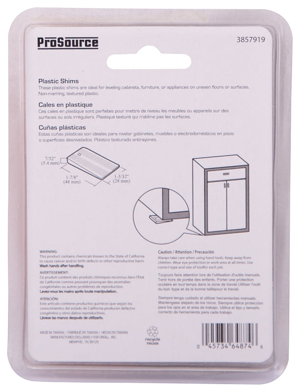 ProSource FE-S717-PS Shim, 1-7/8 in L, 1-3/32 in W, 7/32 in Thick, Plastic, White