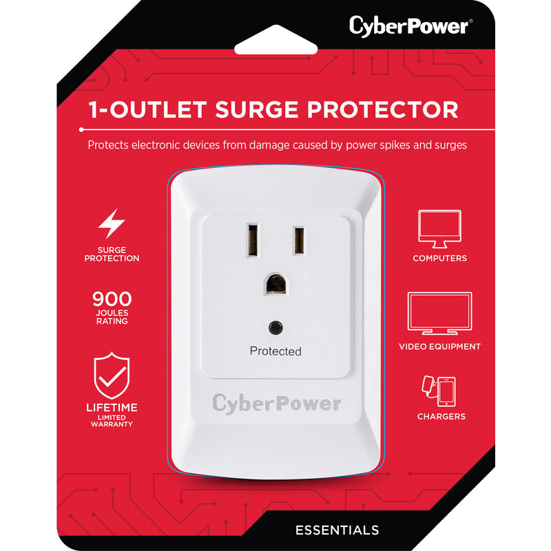 CyberPower Essential 0 ft. L 1 outlets Wall Tap White 900 J