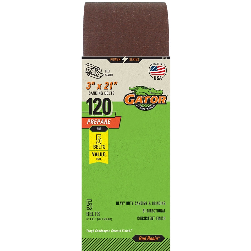 Gator Red Resin 7010 Sanding Belt, 3 in W, 21 in L, 120 Grit, Fine, Aluminum Oxide Abrasive