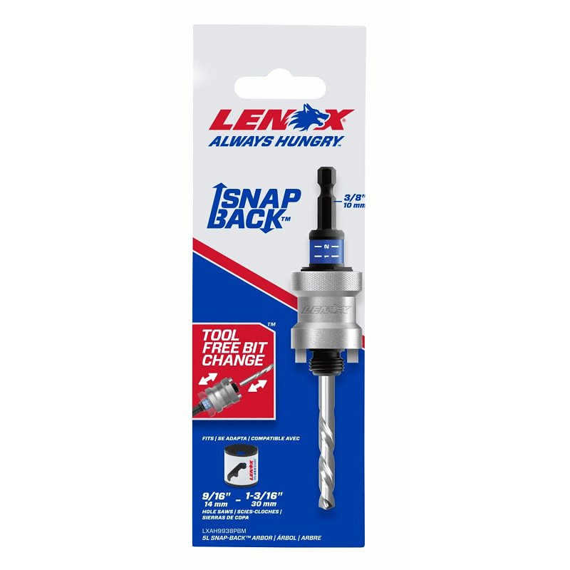 Lenox Speed Slot LXAH9938PBM Hole Saw Arbor, 3/8 in Shank, 9/16 to 1-3/16 in Dia Bit, Hex Shank