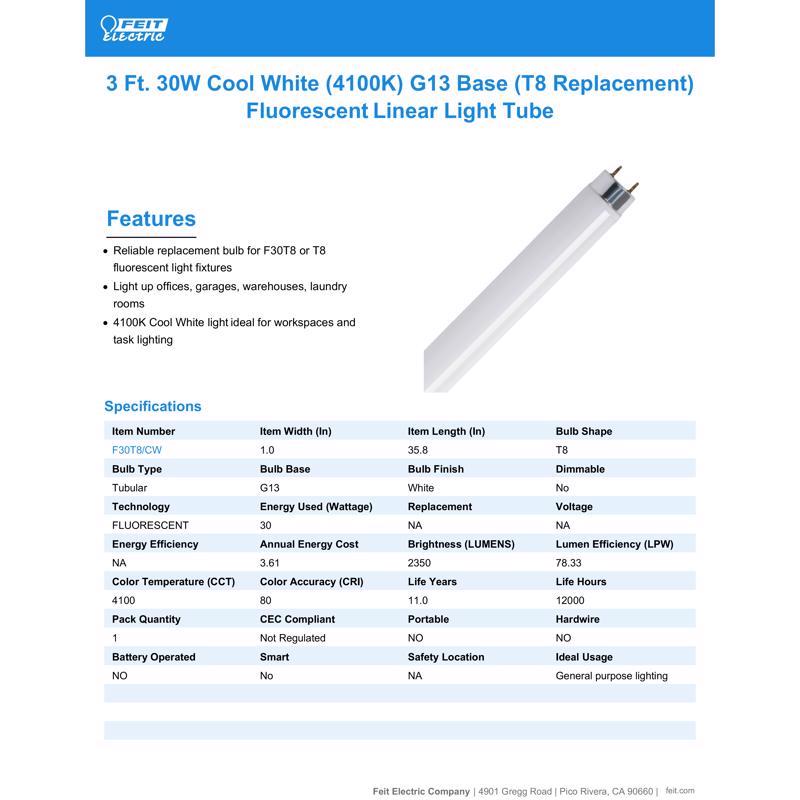Feit Legacy Bulbs 30 W T8 1 in. D X 35.6 in. L Fluorescent Bulb Cool White Linear 4100 K 1 pk, Pack of 6