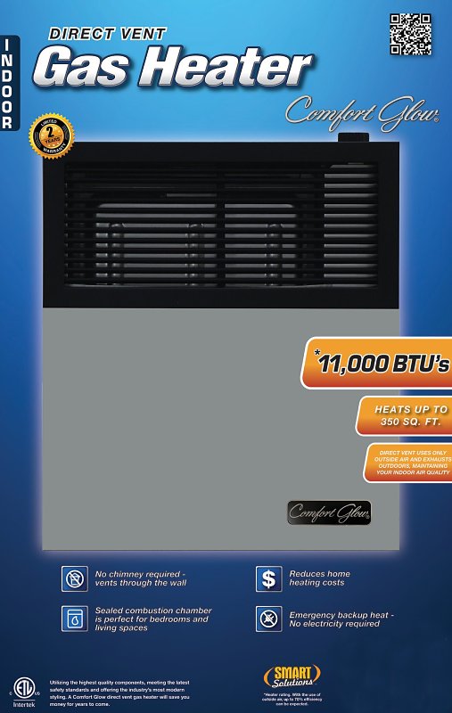 Comfort Glow DVP11 Direct Vent Wall Heater, LP, 11,000 Btu/h BTU, 350 sq-ft Heating Area, 70 % Efficiency, Black/Gray