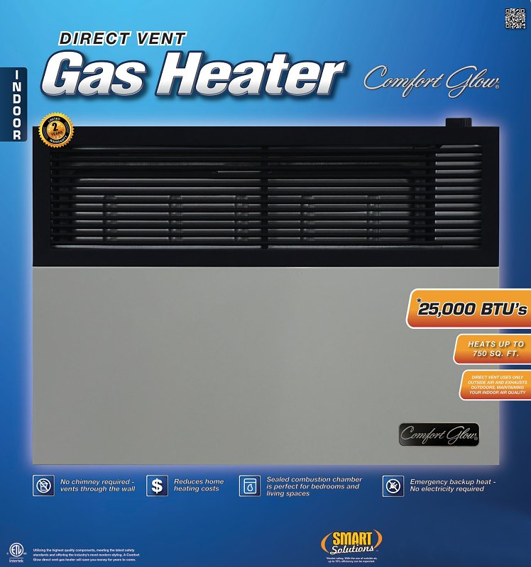 Comfort Glow DVP25 Direct Vent Wall Heater, LP, 25,000 Btu/h BTU, 750 sq-ft Heating Area, 70 % Efficiency, Black/Gray