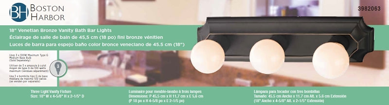 Boston Harbor 045233-VB Vanity Bar Fixture, 100 W, 3-Lamp, G Lamp, Steel Fixture, Venetian Bronze Fixture