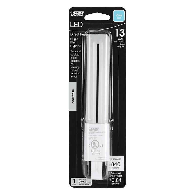 Feit Electric BPPL13/841/LEDG2HDRP Replacement LED Bulb, PL Lamp, 13 W Equivalent, GX23 Lamp Base, White