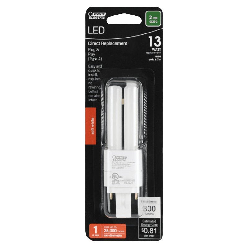 Feit Electric BPPLD13827LDHDR LED Bulb, PL Lamp, 13 W Equivalent, GX23-2 Lamp Base, White, Soft White Light