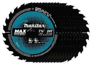 Makita B-61656-10 Circular Saw Blade, 7-1/4 in Dia, 5/8 in Arbor, 24-Teeth, 8300 rpm, Carbide Cutting Edge, 10/PK