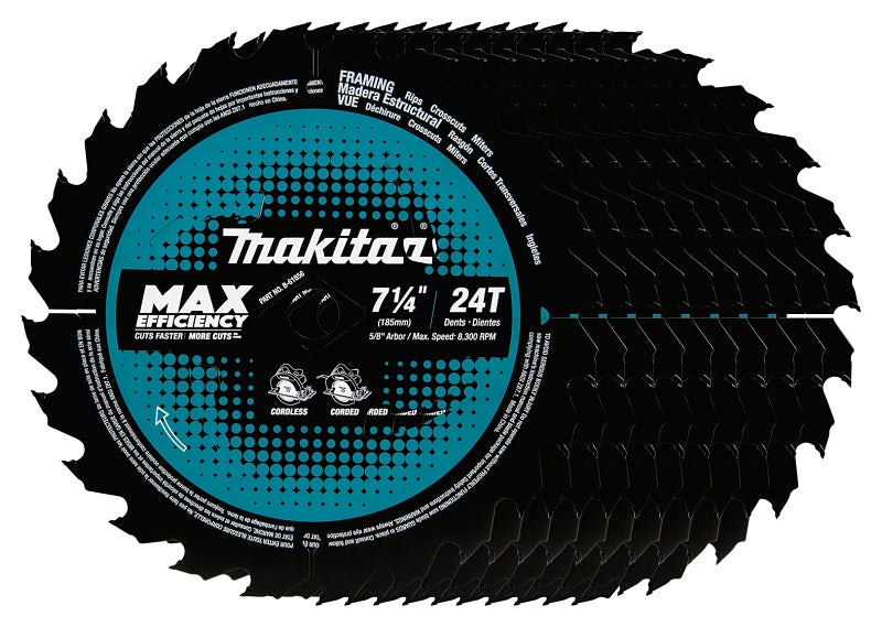 Makita B-61656-10 Circular Saw Blade, 7-1/4 in Dia, 5/8 in Arbor, 24-Teeth, 8300 rpm, Carbide Cutting Edge, 10/PK