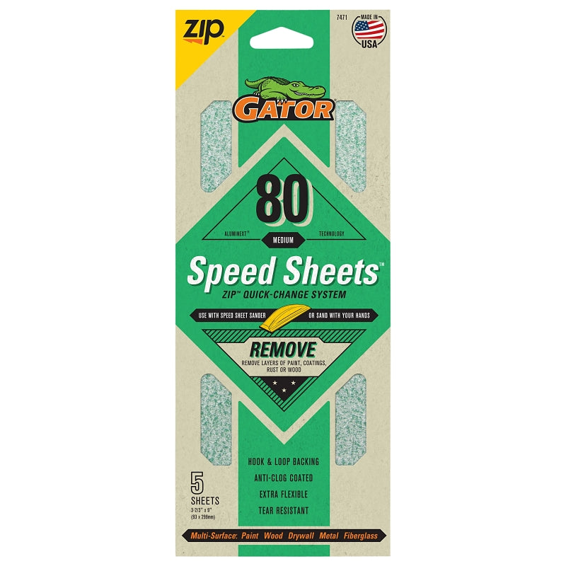 Gator 7471 Hook and Loop Sandpaper, 9 in L, 3-2/3 in W, 80 Grit, Aluminum Oxide Abrasive, Latex Paper Backing