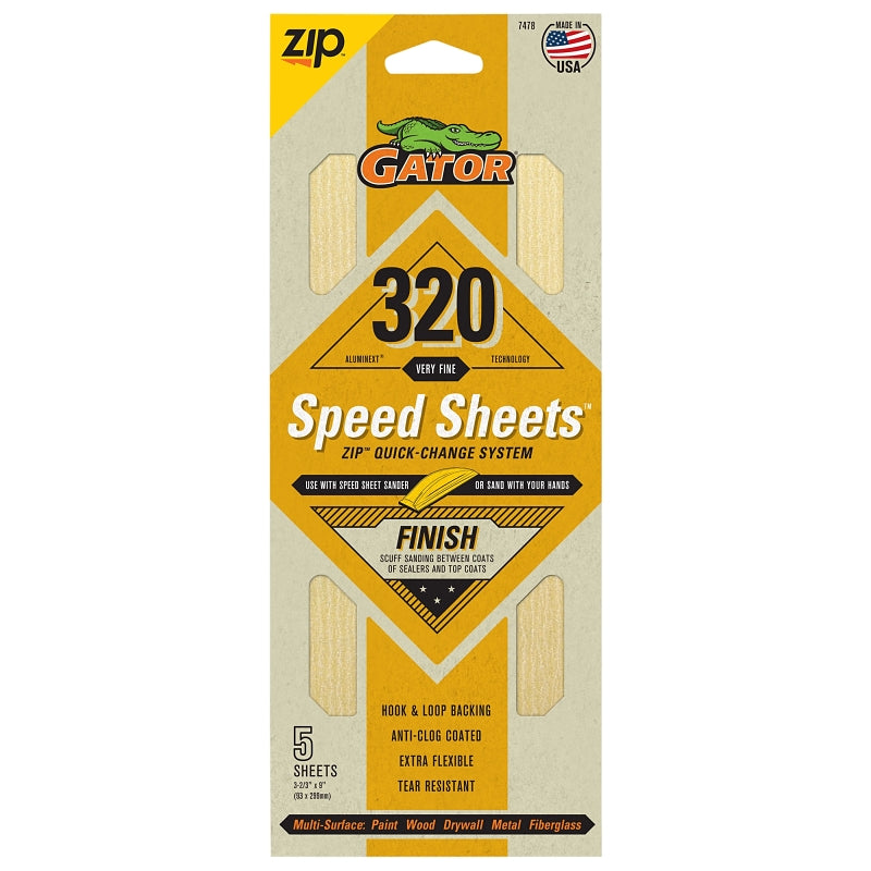 Gator 7478 Hook and Loop Sandpaper, 9 in L, 3-2/3 in W, 320 Grit, Aluminum Oxide Abrasive, Latex Paper Backing