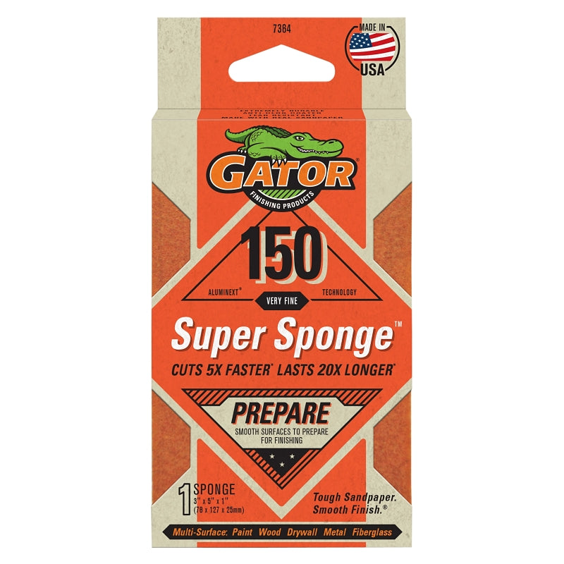 Gator 7364 Sanding Sponge, 5 in L, 3 in W, 150 Grit, Medium, Aluminum Oxide Abrasive