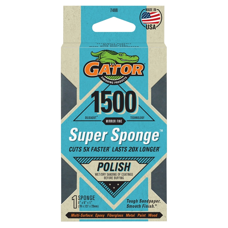 Gator 7466 Sanding Sponge, 5 in L, 3 in W, 1500 Grit, Mirror Fine, Silicone Carbide Abrasive