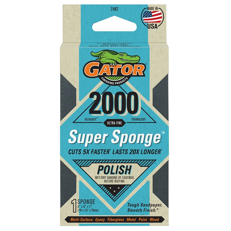 Gator 7467 Sanding Sponge, 5 in L, 3 in W, 2000 Grit, Ultra Fine, Silicon Carbide Abrasive