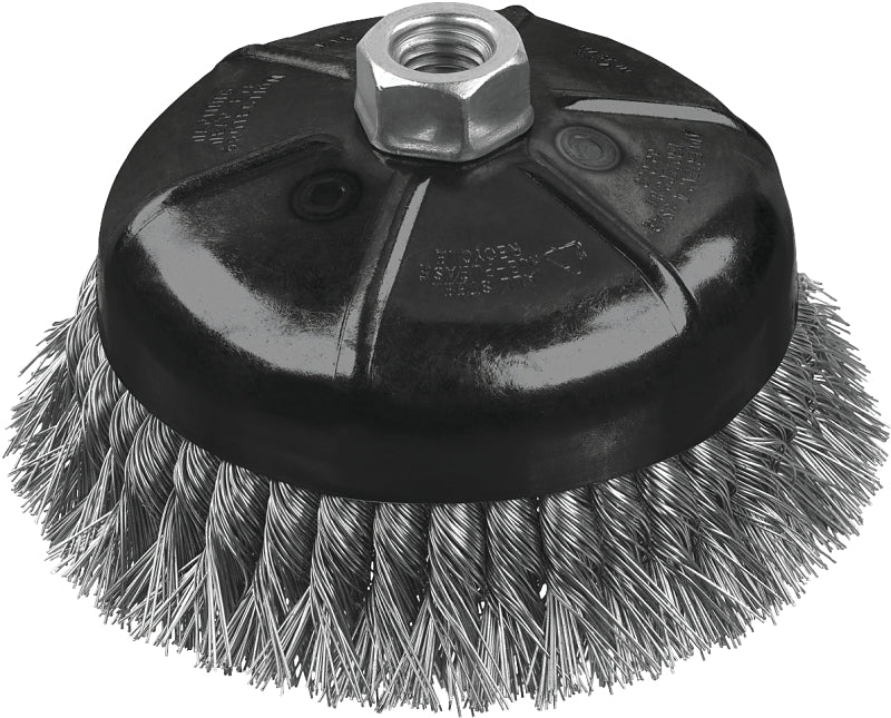 DEWALT DW4916 Wire Cup Brush, 4 in Dia, 5/8-11 Arbor/Shank, 0.02 in Dia Bristle, 1-1/8 in L Bristle Trim