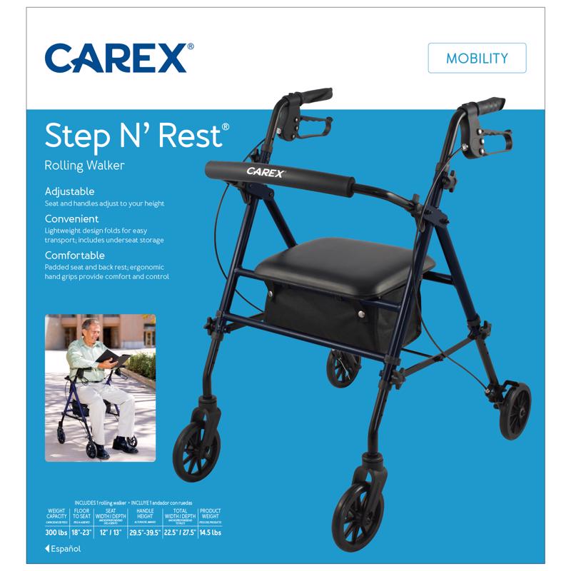 Carex Health Brands Step N Rest Blue Rolling Walker Aluminum/Plastic 39 in. H X 22.5 in. L